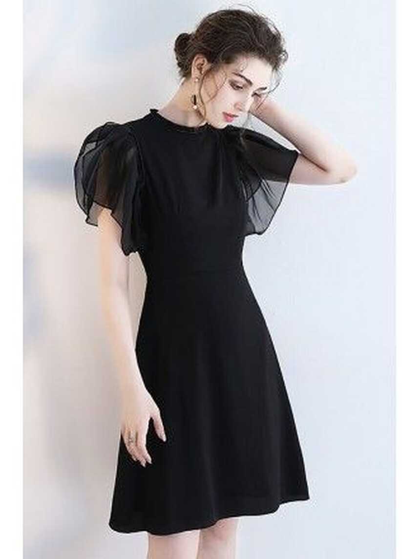 Elegant Short Black Formal Party Dress with Puffy Sleeves