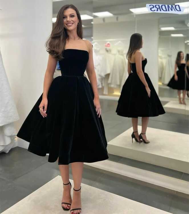 Elegant Short Black Velvet Evening Dresses Modern Strapless Knee ...