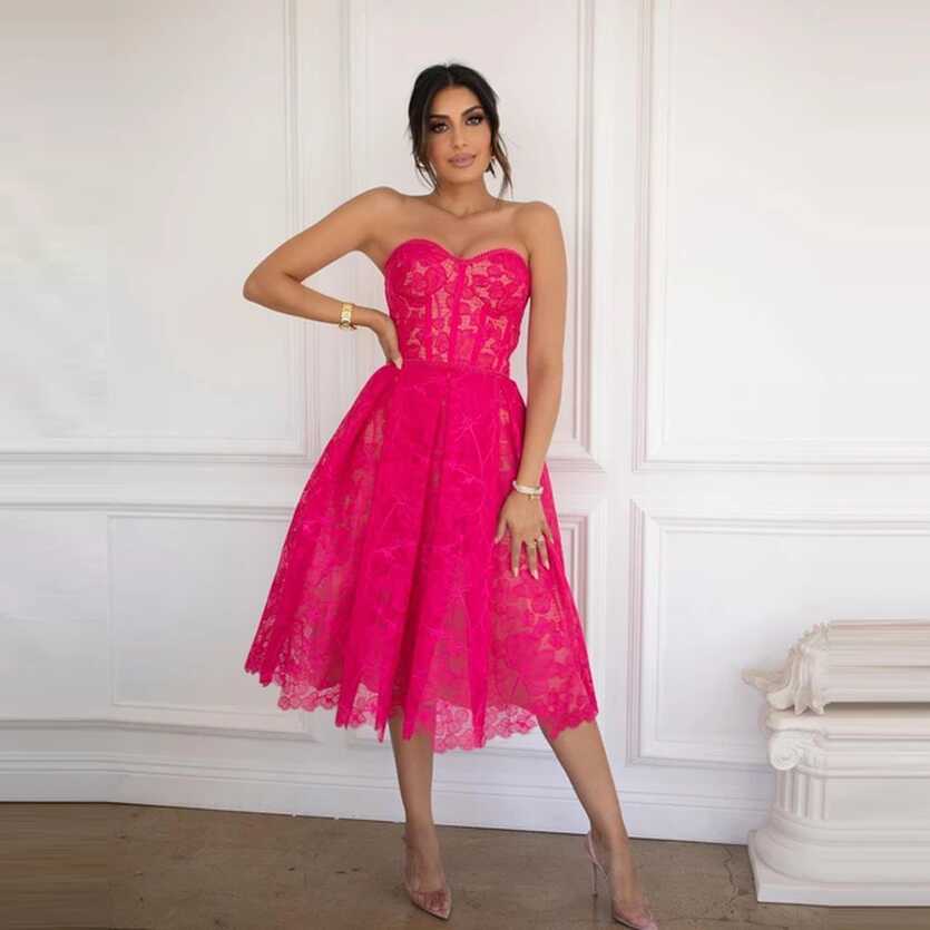 Elegant Short Hot Pink Lace Prom Dresses Sweetheart Strapless Knee ...