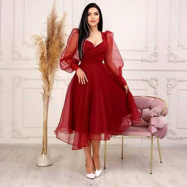 Elegant Short Red Tulle Evening Dresses With Sleeve A-Line ...