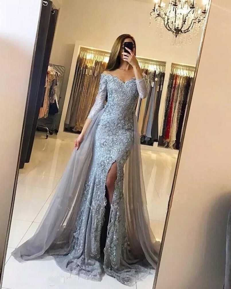 Elegant Silvery Long Mermaid Muslim Evening Dresses Lace Beaded ...