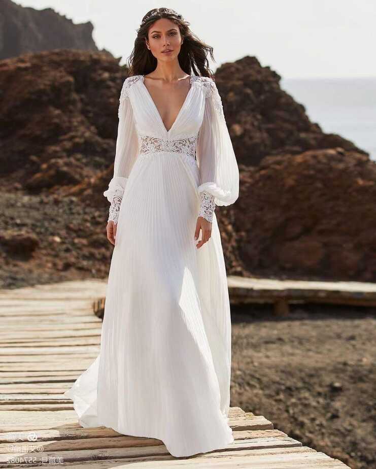 Elegant Simple Long Sleeve V Neck Wedding Dress Puff Sleeve Boho ...