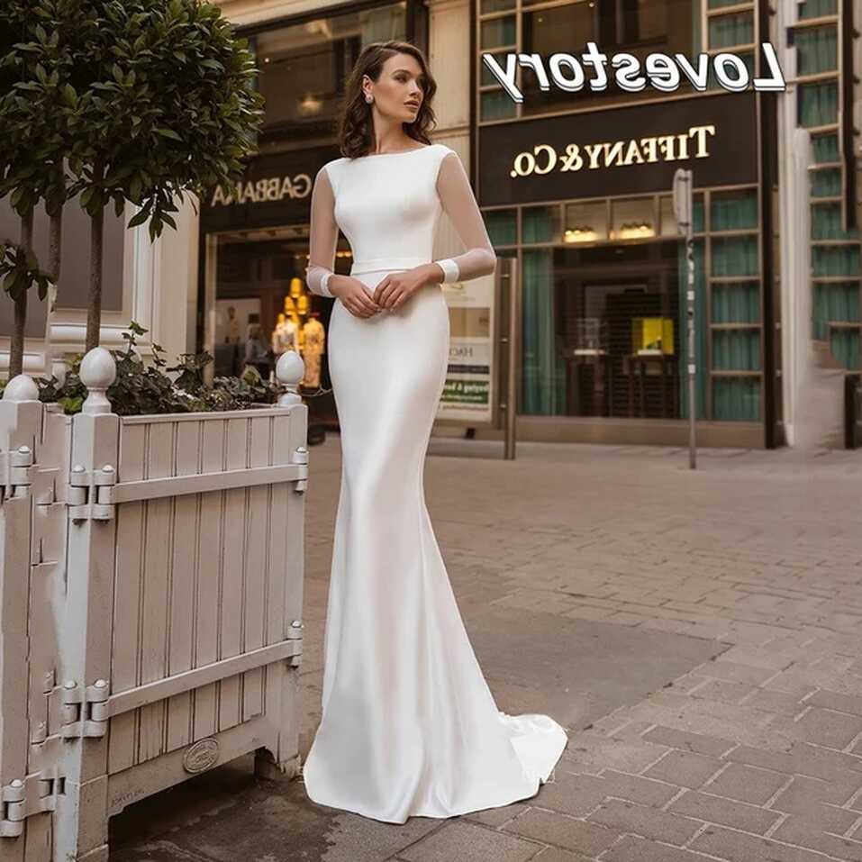 Elegant Simple Mermaid Wedding Dresses Scoop Neck Long Sleeves ...