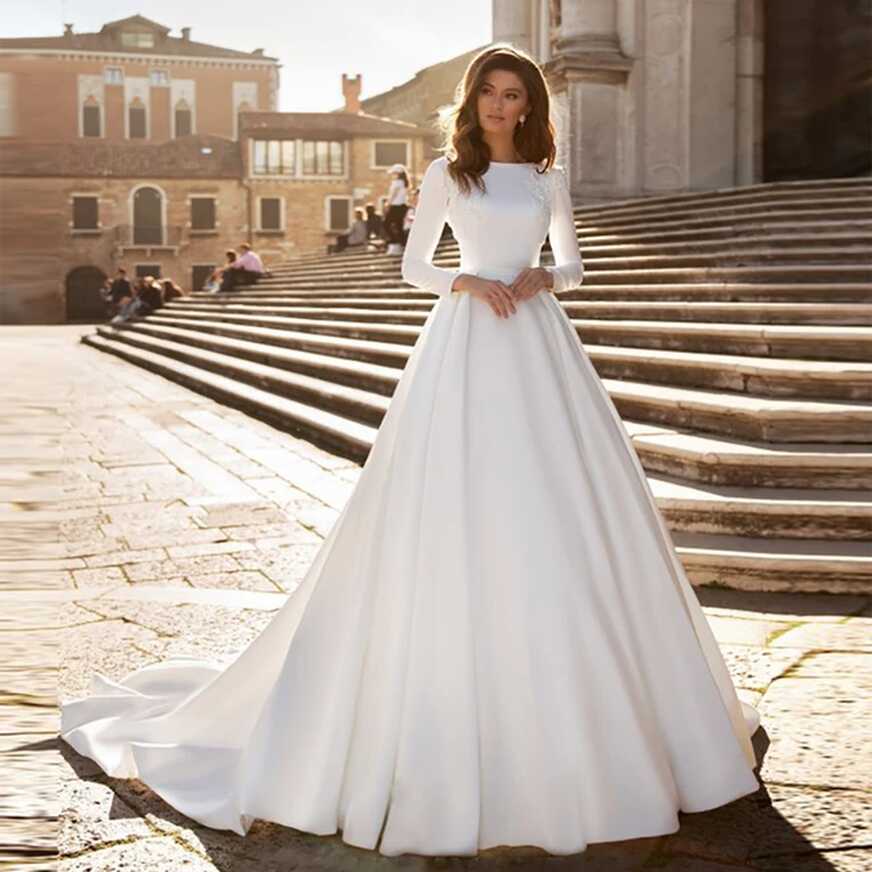 Elegant Simple Wedding Dress A-Line Scoop Bridal Gown Long Sleeves ...