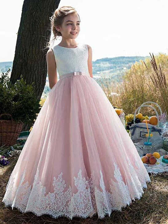 Elegant Sleeveless A-line Long Flower Girl Dresses Pink Tulle Lace ...