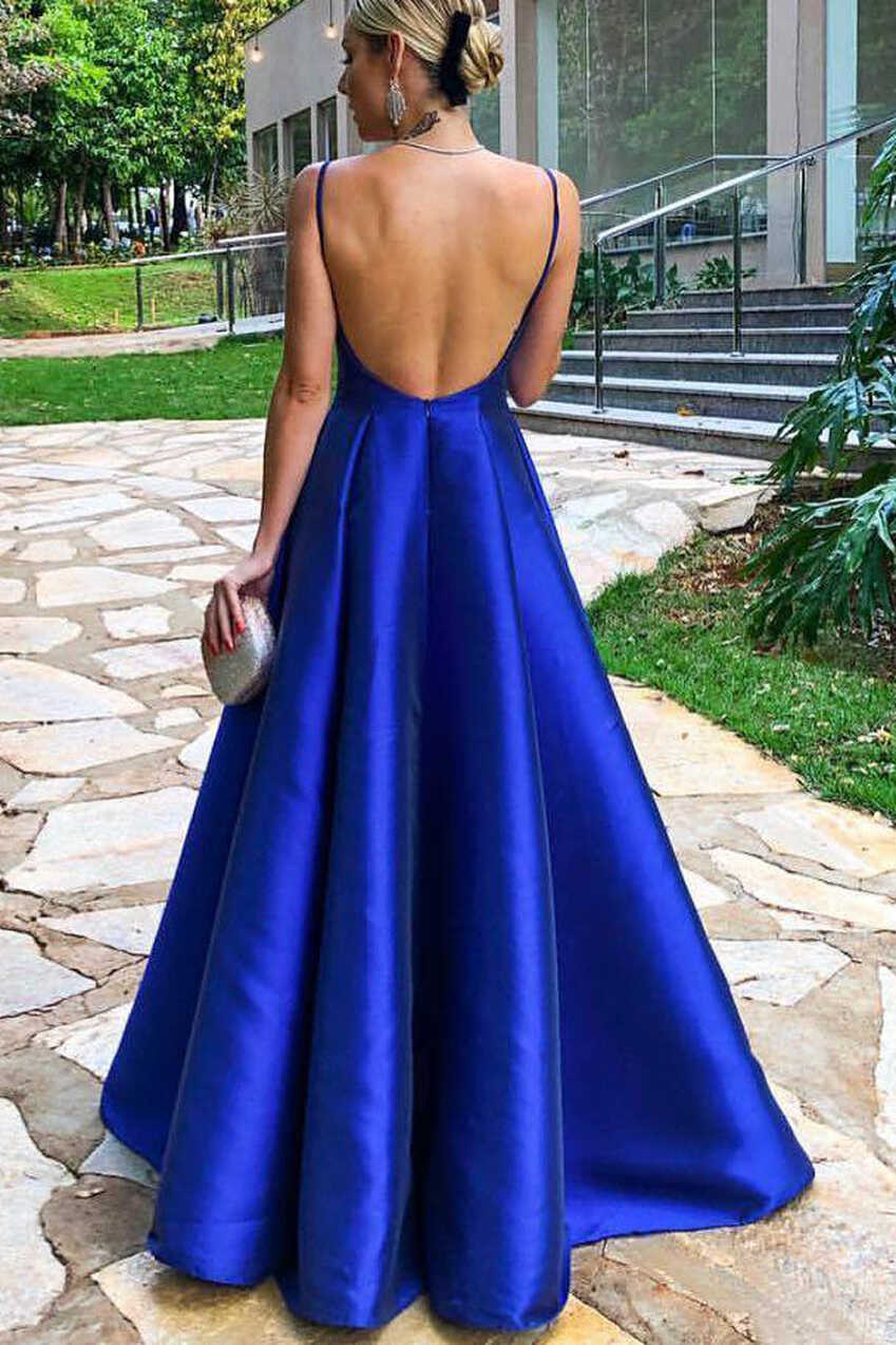 Elegant Spaghetti Straps Royal Blue Satin Prom Dress – FancyVestido