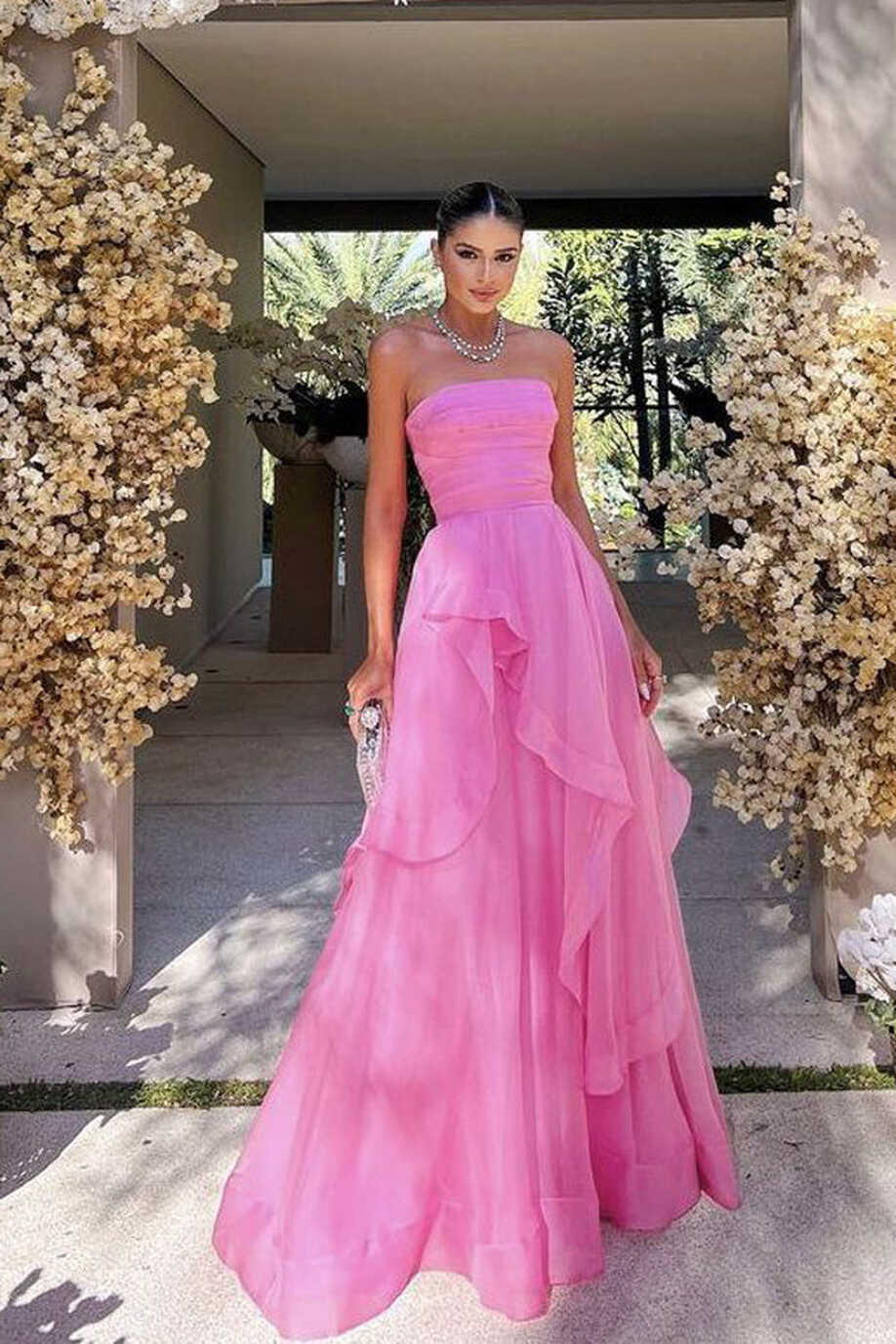 Elegant Strapless Layered Pink Prom Dresses Long Formal Gowns ...