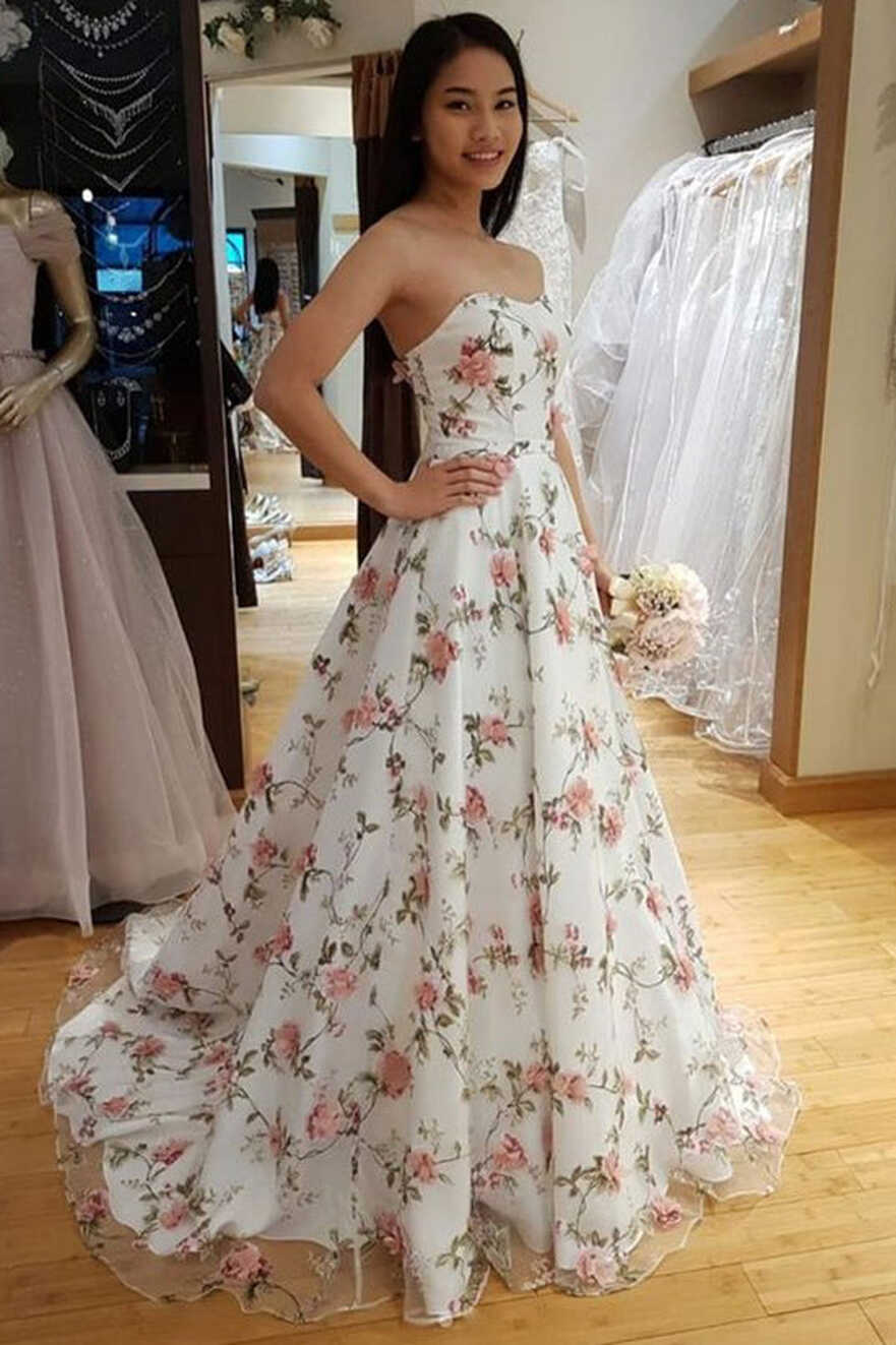 Elegant Strapless Long White Floral Prom Dress – FancyVestido