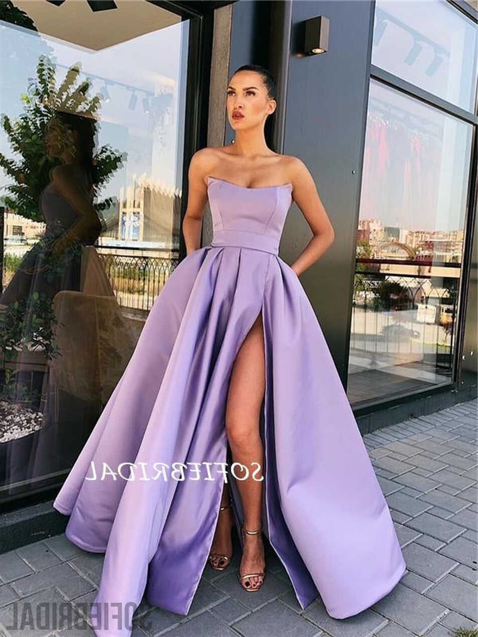 Elegant Strapless Simple Long Satin Prom Dresses With Split ...