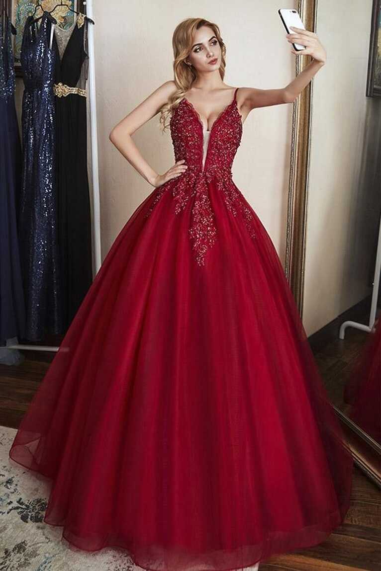 Elegant Straps Ball Gown Beaded Burgundy Long Prom Dress-Pgmdress