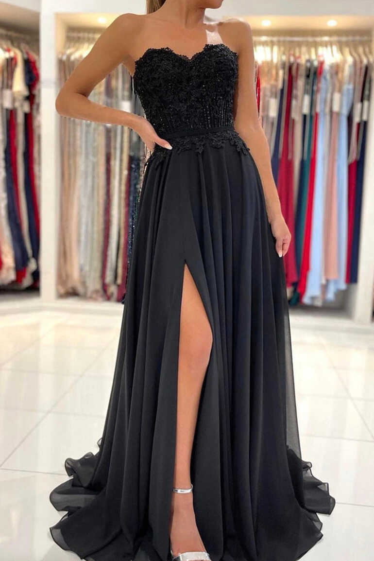 Elegant Sweetheart Neck Black Lace Long Prom Dresses, Strapless ...