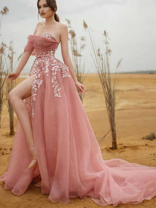 Elegant Sweetheart Pink Off the Shoulder Tulle A-line Long Prom ...