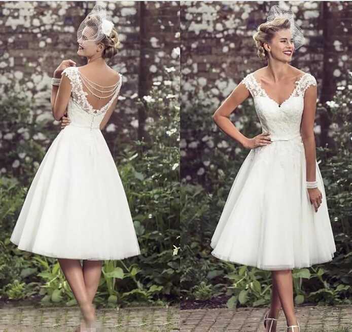 Elegant Tea Length Short Beach Wedding Dresses With V Neck, Cap ...