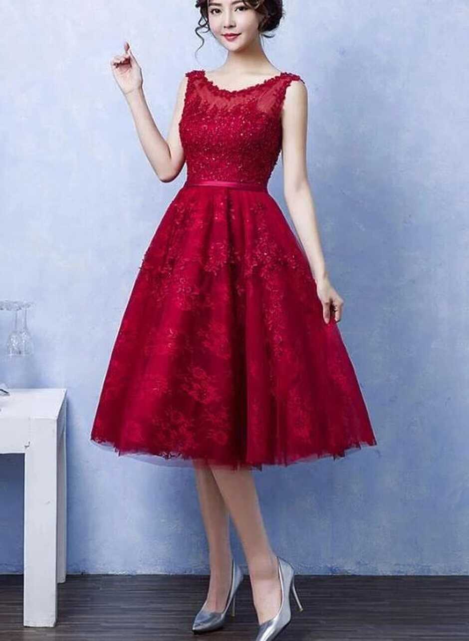 Elegant Tea Length Wine Red Homecoming Dress, Lace Party Dress ...