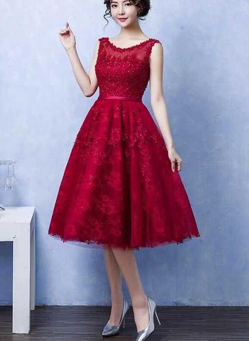 Elegant Tea Length Wine Red Homecoming Dress, Lace Party Dress