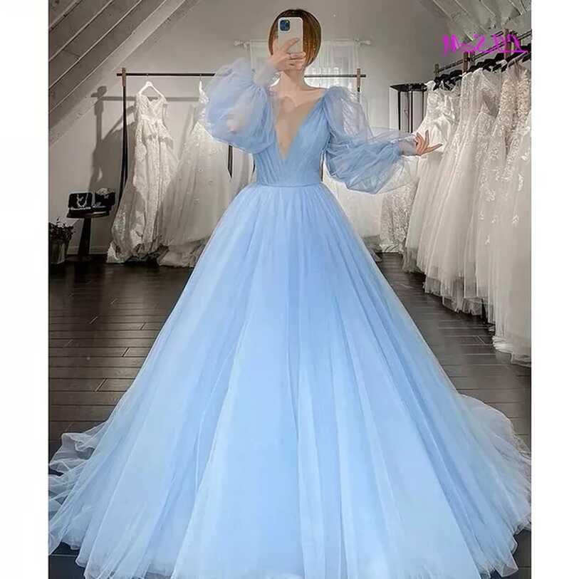 Elegant Tulle Princess Prom Dresses A-Line Light Blue/Red V-Neck ...