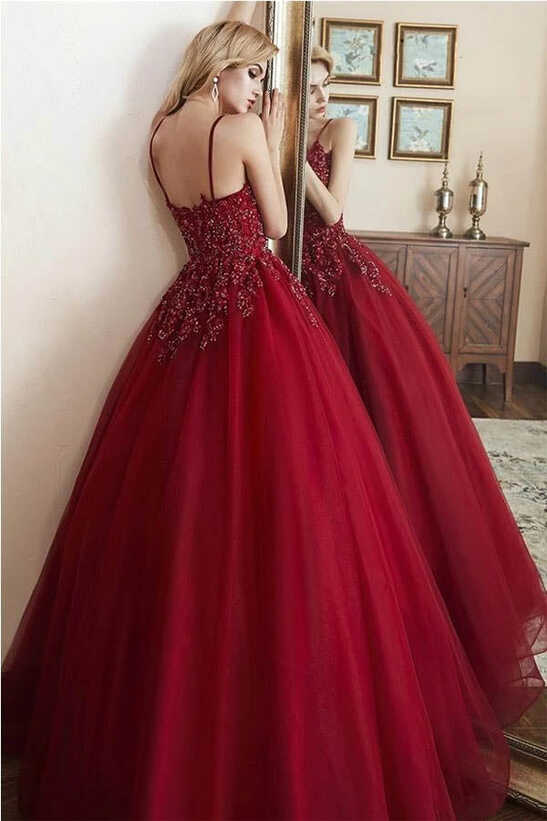 Elegant Tulle Straps Ball Gown Beaded Burgundy Long Prom Dress ...