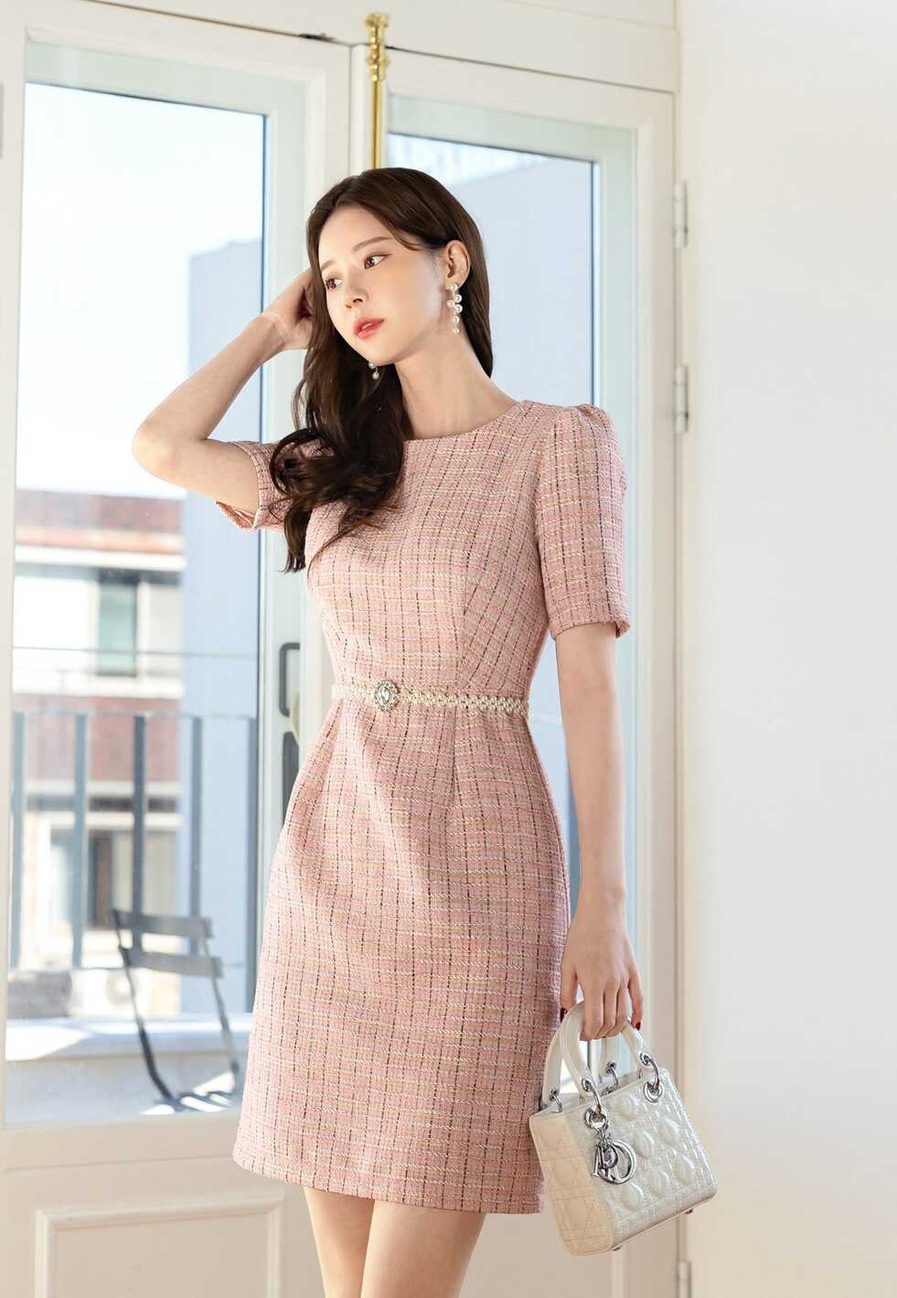 Elegant Tweed Short Sleeve Mini Dress Korean Style Formal Party ...