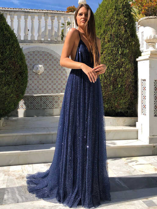 Elegant V Neck Backless Navy Blue Long Prom Dresses, Sparkly Navy ...