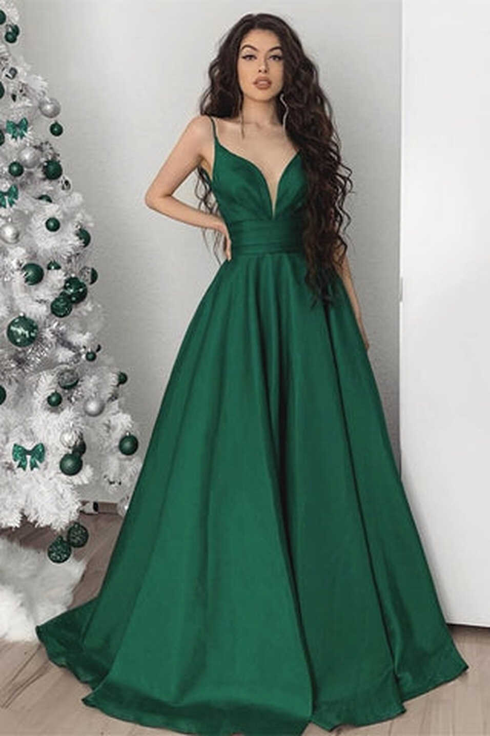 Elegant V Neck Emerald Green Satin Long Prom Dress, V Neck Green ...