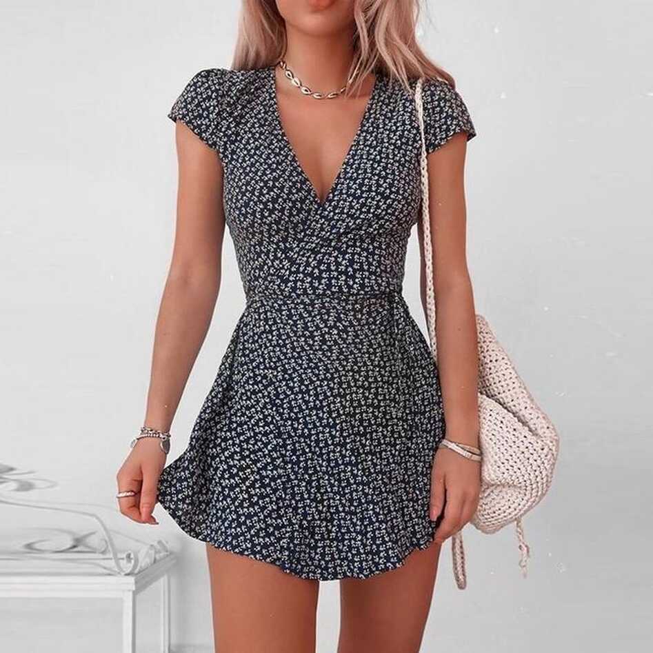 Elegant V-Neck Floral Short Sleeve Casual Dress - Black / L