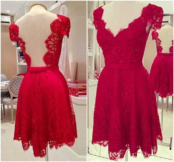 Elegant V Neck Low Back Red Lace Dress, Short Prom Dress, Lace ...