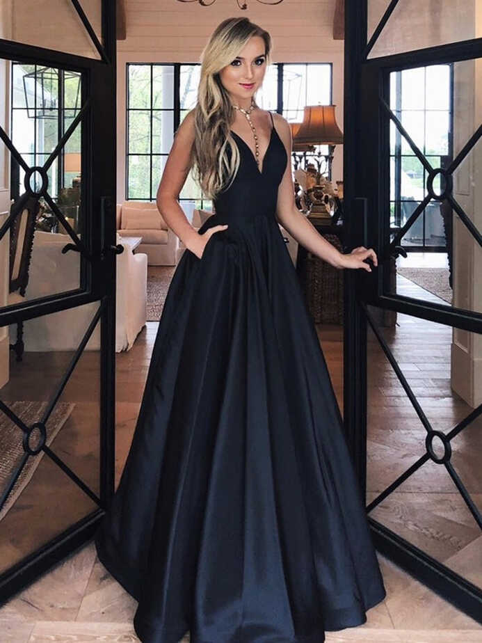 Elegant V Neck Satin Black Long Prom Dresses with Pockets, Simple ...