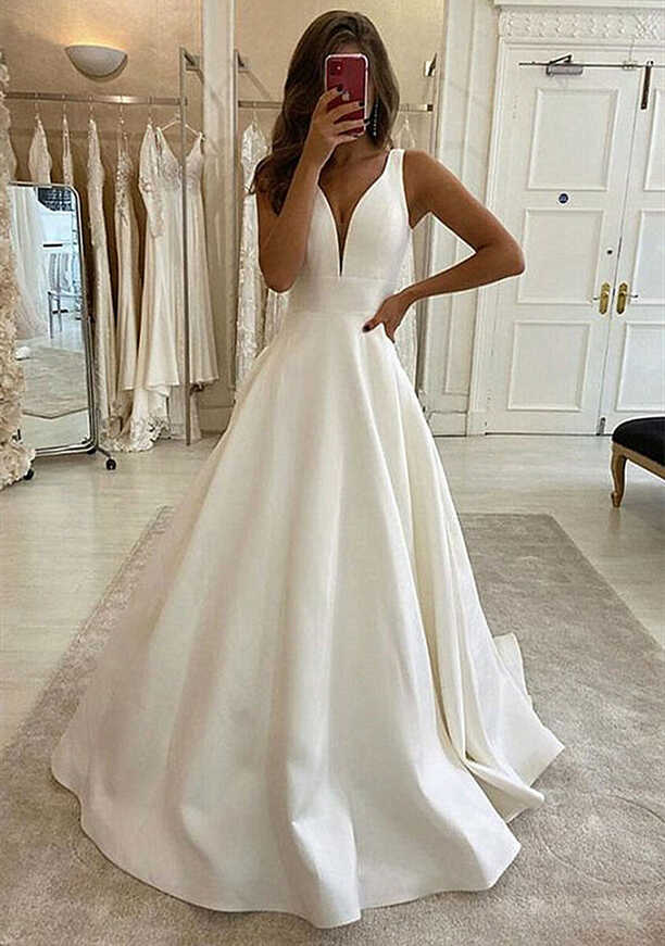 Elegant V-Neck Satin Wedding Dresses Sleeveless Slim A-line Simple ...