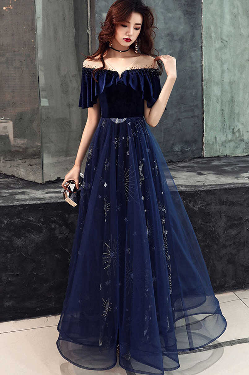 Elegant Velvet Bodice Tulle Long Formal Dress, Navy Blue Party ...