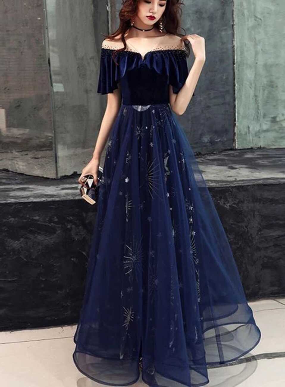 Elegant Velvet Bodice Tulle Long Formal Dress, Navy Blue Party Dress