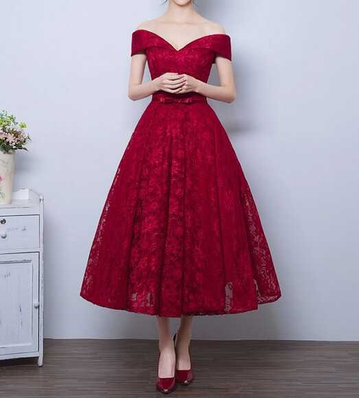 Elegant Vintage Inspired Off Shoulder Style Lace Prom Formal Dress ...