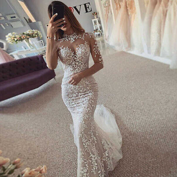 Elegant Wedding Dresses Mermaid O-Neck Long Sleeves Lace Applique ...