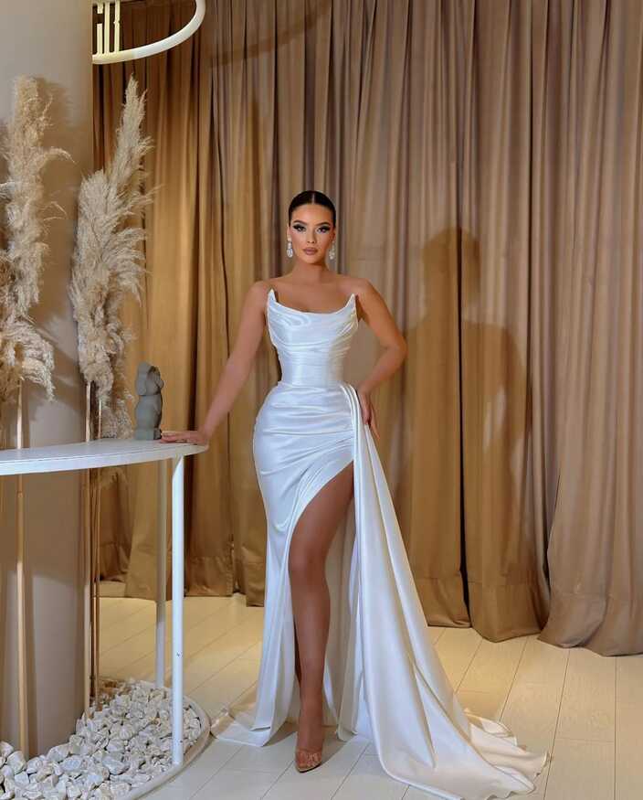 Elegant White Evening Gown Side Slit Strapless Party Prom Dresses ...