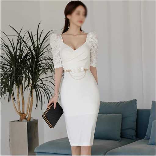 Elegant White Lace Beads Chain Puff Sleeve V-Neck Slim Bodycon ...