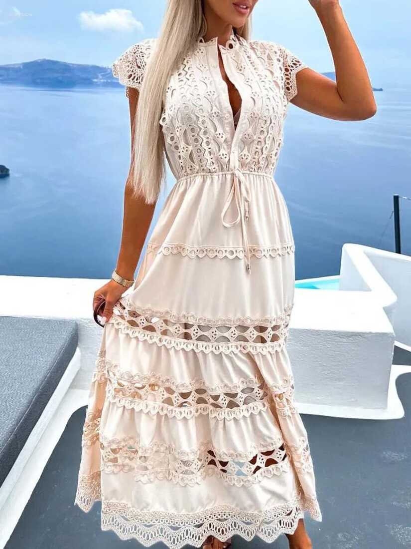 Elegant White Lace Long Dress: Boho Style Embroidery, Perfect For ...