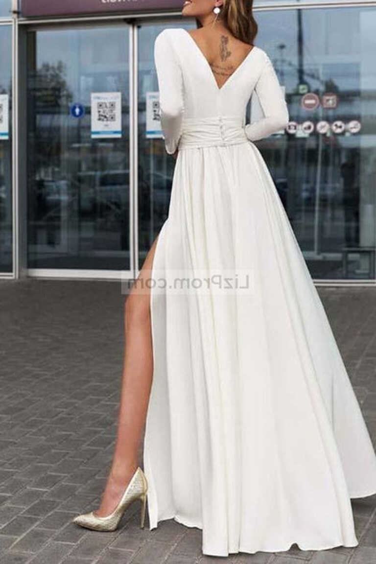 Elegant White Long Sleeves Slit V-Neck Formal Prom Dress – Lovost