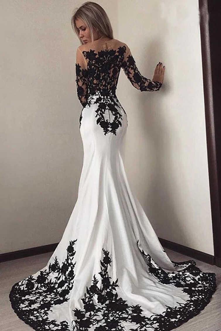 Elegant White Satin Mermaid Long Prom Dress Chic Black Lace ...