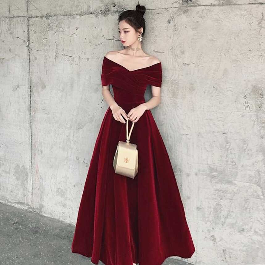 Elegant Wine Red/Black Velvet Bridal Toast Dress Off Shoulder A ...