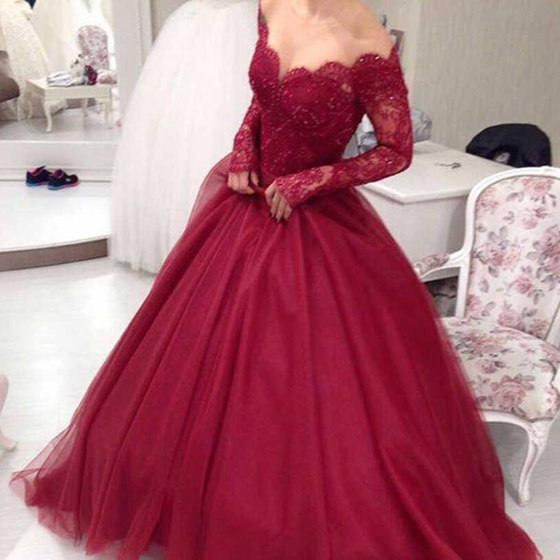 Elegant Wine Red Prom Dress,off Shoulder Long Sleeves Prom Dresses ...