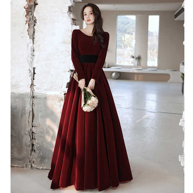 Elegant Wine Red Velvet Long Sleeves Formal Dress, Long Dark Red ...