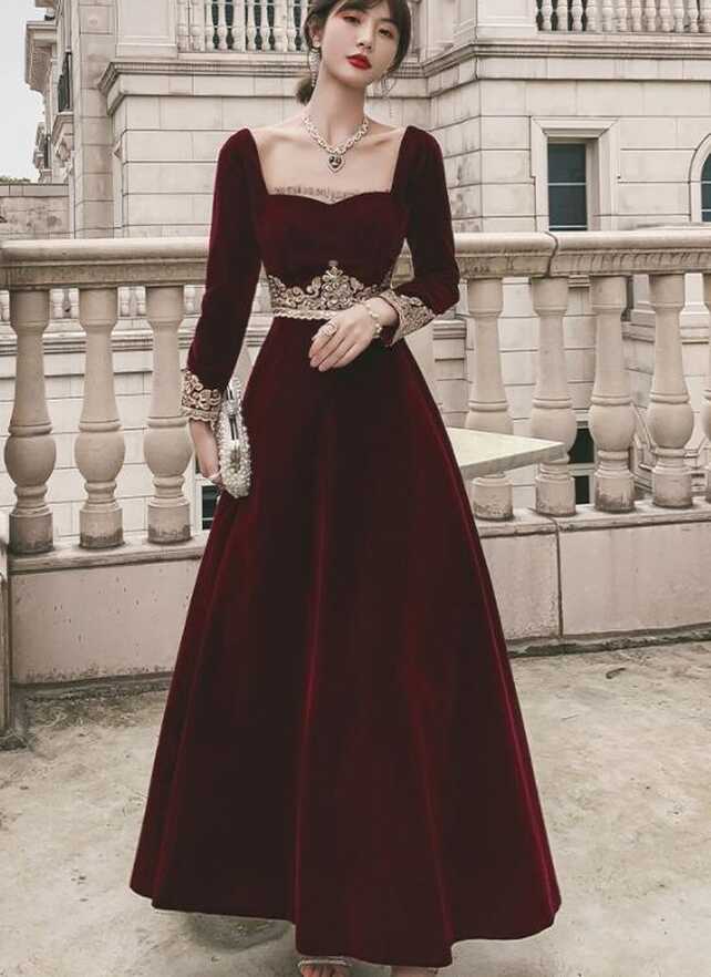 Elegant Wine Red Velvet Long Sleeves Party Dress, Dark Red Evening ...