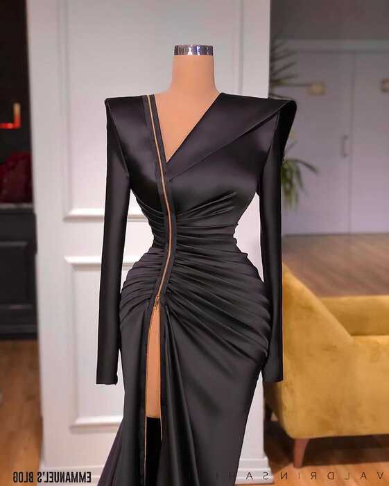 Elegant custom made black satin Dress with slit – EsB Store