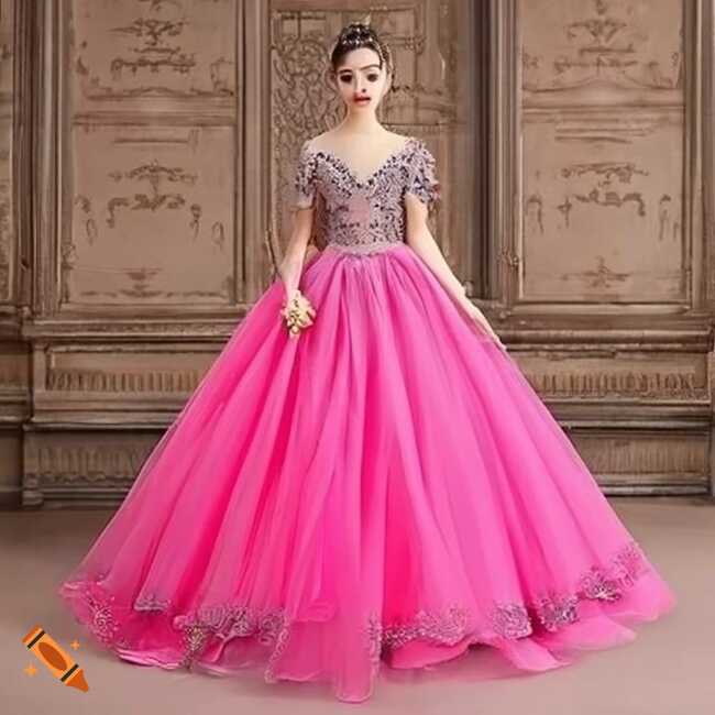 Elegant pink ball gown with intricate black embroidery skirt ...