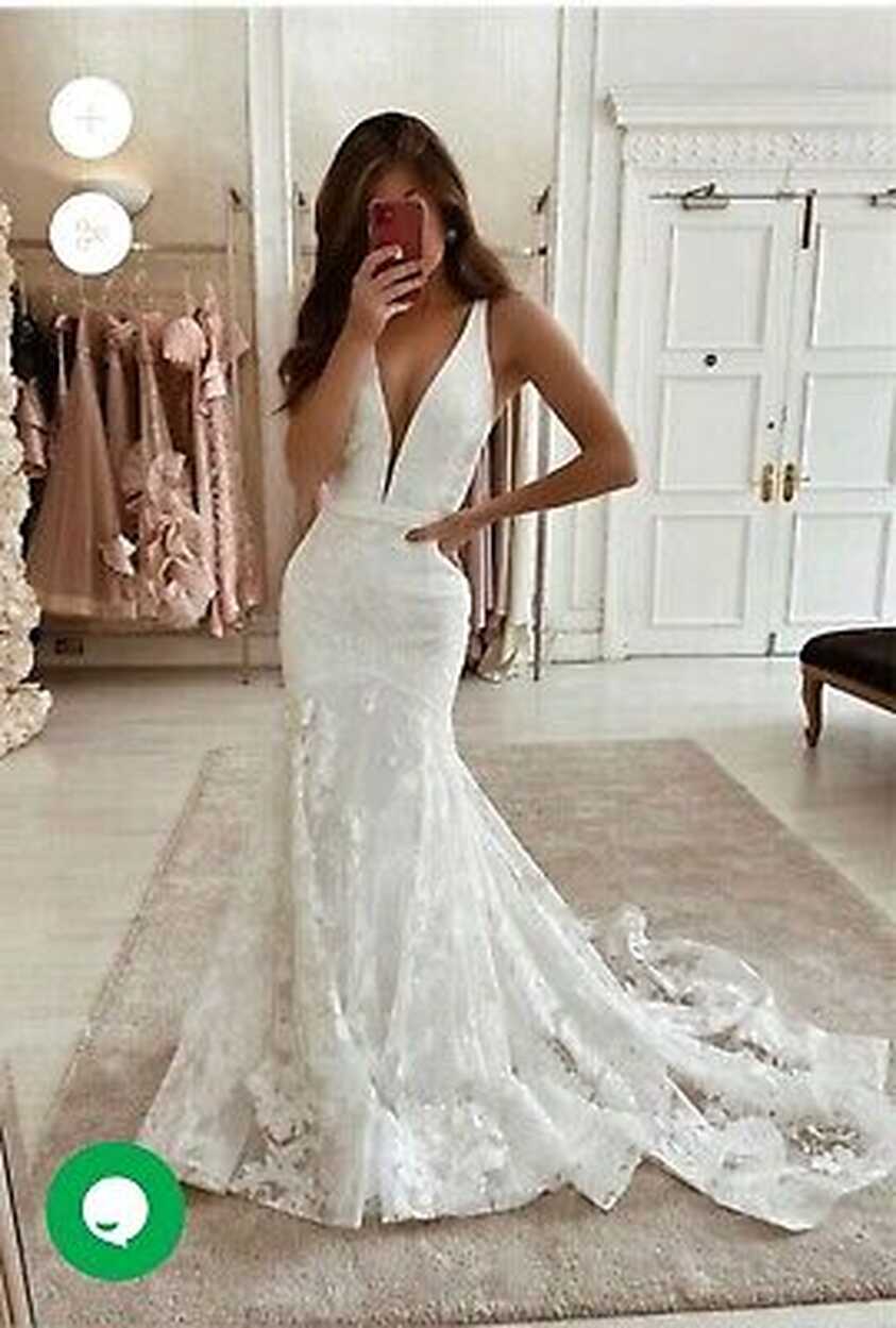 Elegant white drop waist deep v sexy lace mermaid wedding dress ...