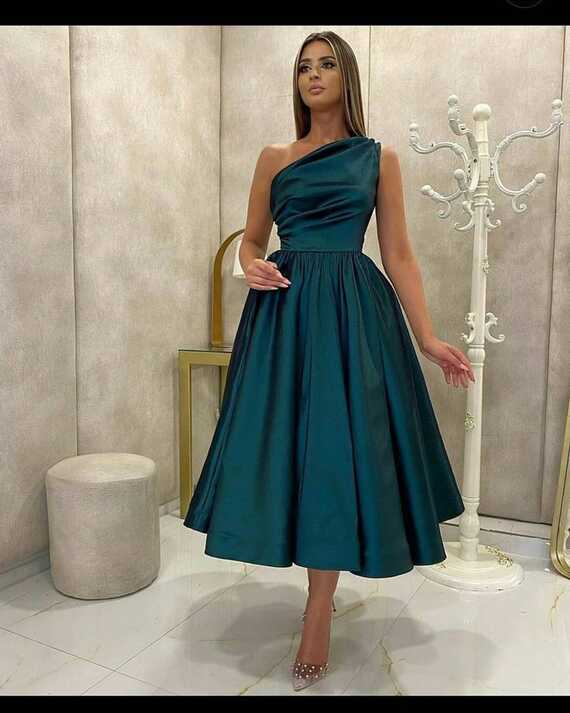 Elegent Silk Satin Peacock Blue Dress With Pleated Desing , Midi ...