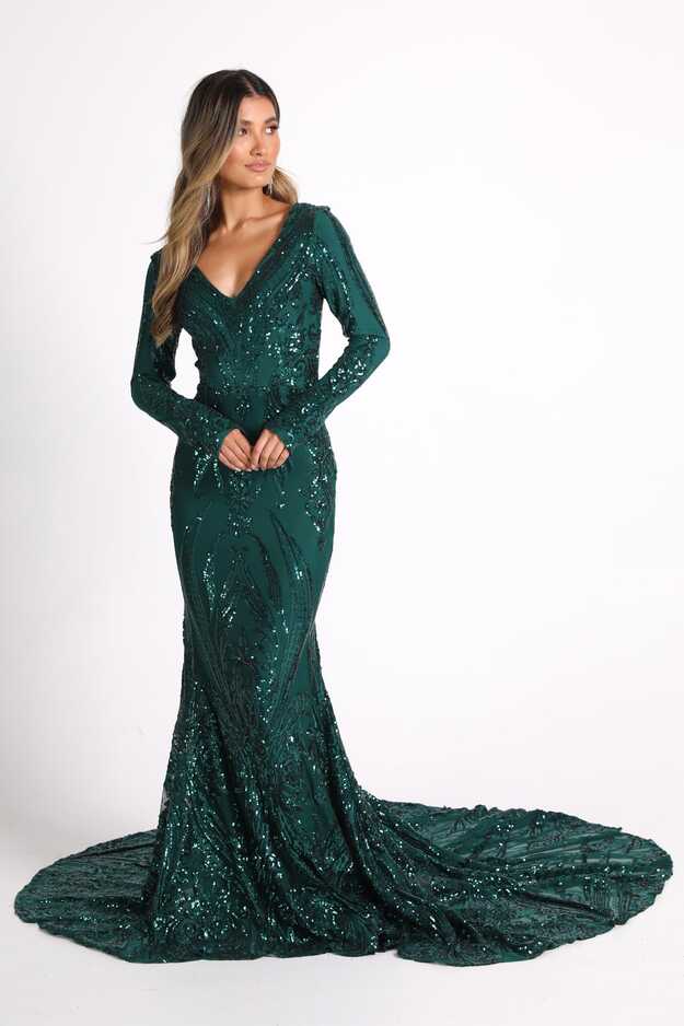 Elena Long-Sleeve Pattern Sequin Gown - Emerald – Noodz Boutique