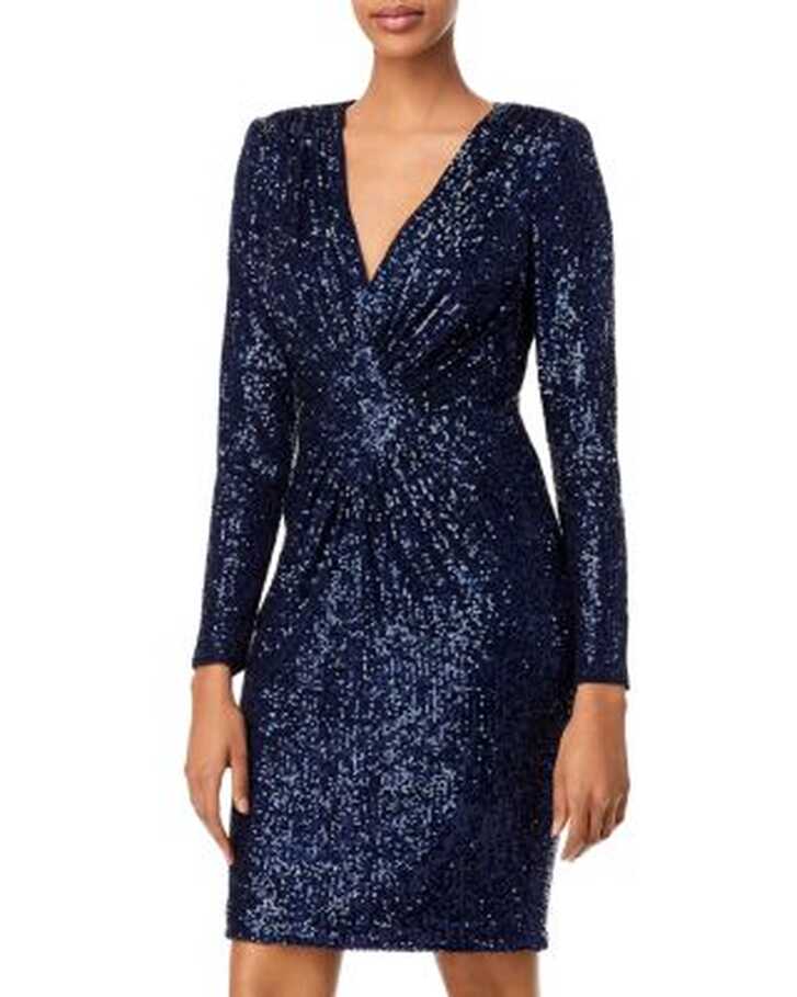 Eliza J Long Sleeve Sequin V Neck Dress | Bloomingdale&#39;s