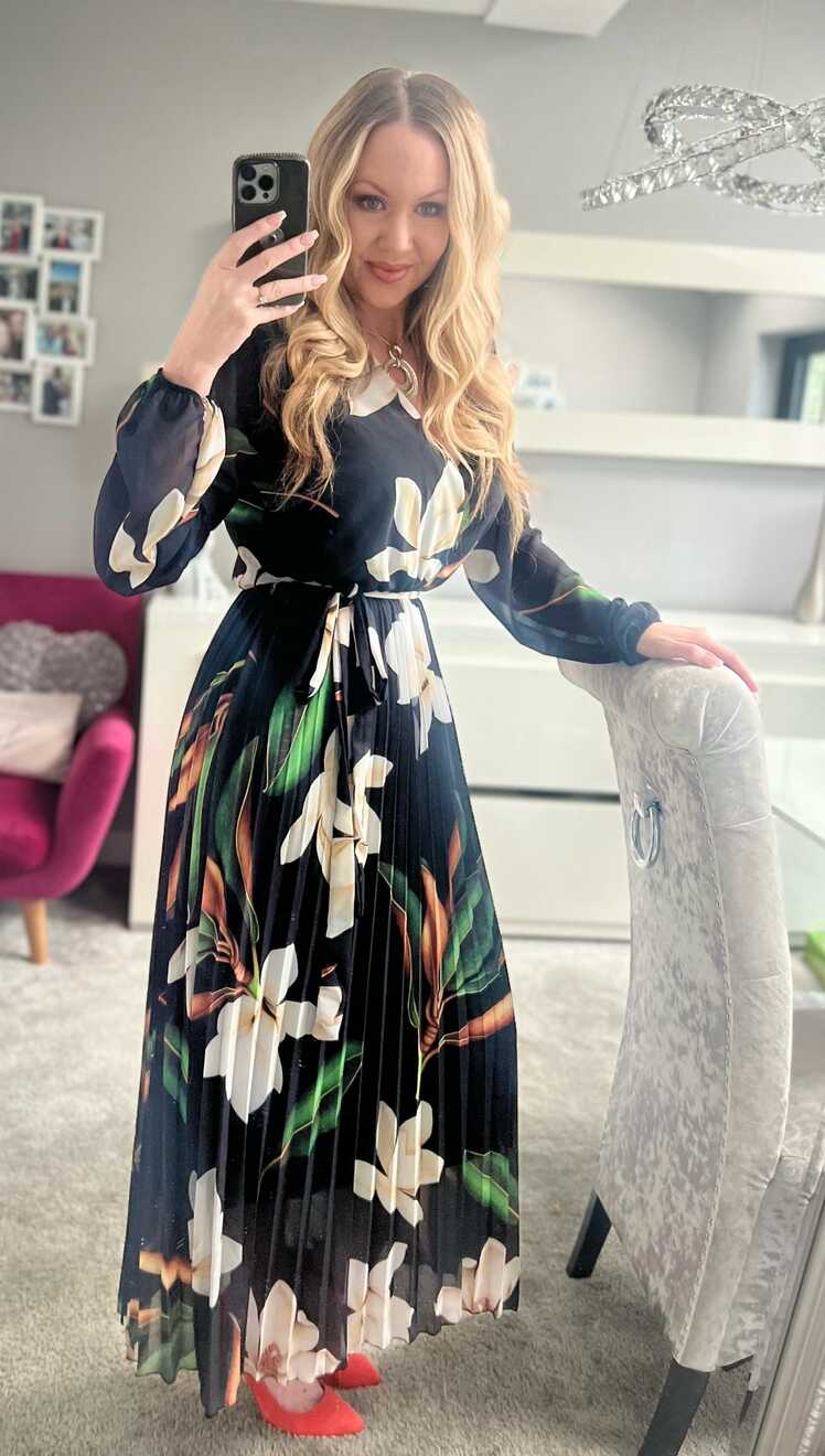 Elle Black Floral Chiffon Pleated Belted Maxi Dress | LittleMadam