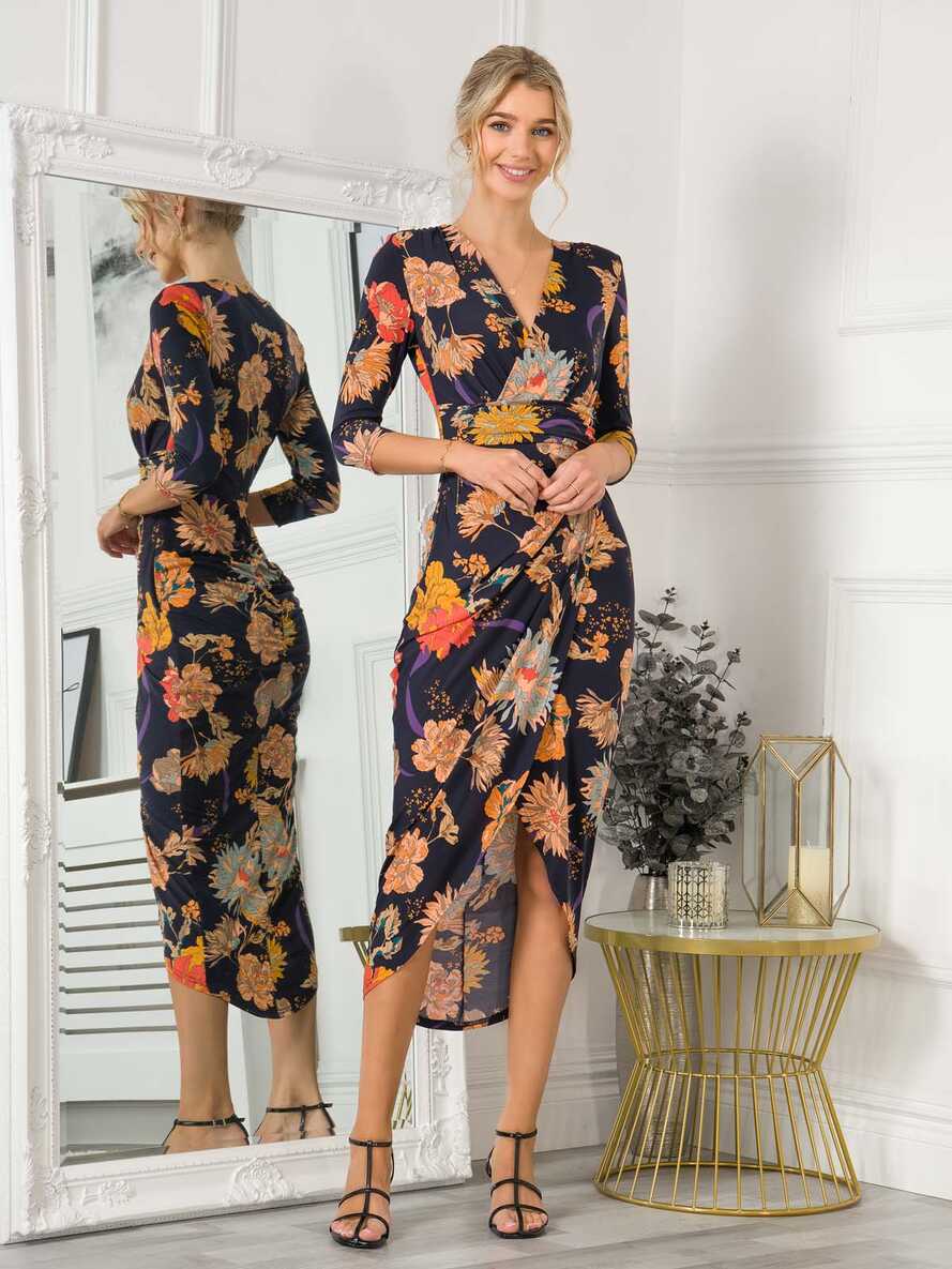 Ellen Draped Bodycon Maxi Dress, Navy Orange Floral – Jolie Moi Retail