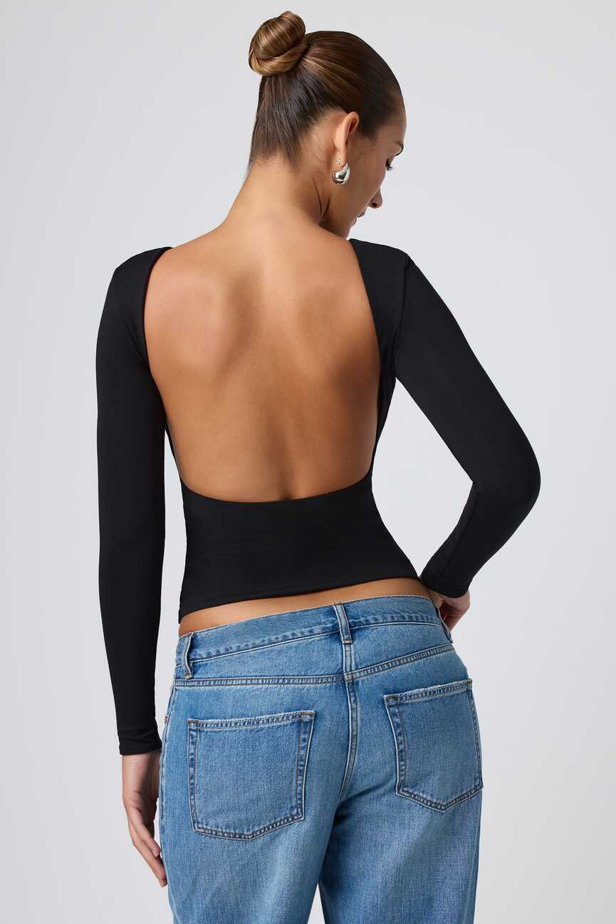 Elli Modal High Neck Long Sleeve Open Back Top in Black | Oh Polly